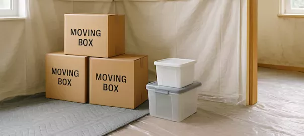 golv och väggar skyddas med filtar och skyddsplast under flytt